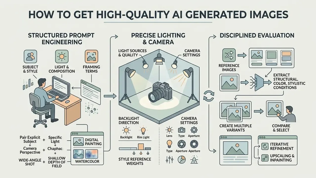 Infographic detailing prompt engineering, camera specifications, and iterative evaluation for AI image generator