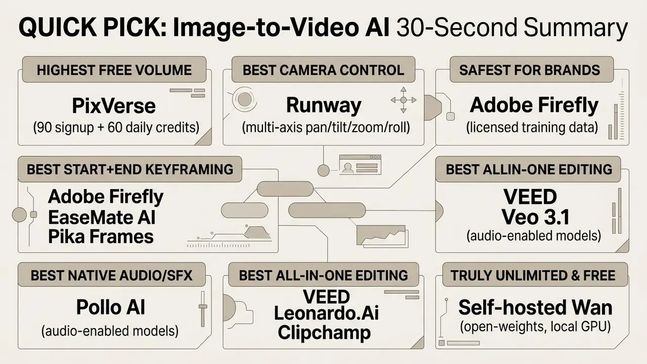 Comparison chart categorizing various image to video AI tools by their specific features and capabilities