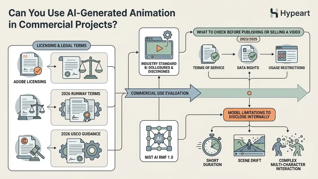 Flowchart outlining licensing, legal terms, and technical considerations for commercial video production