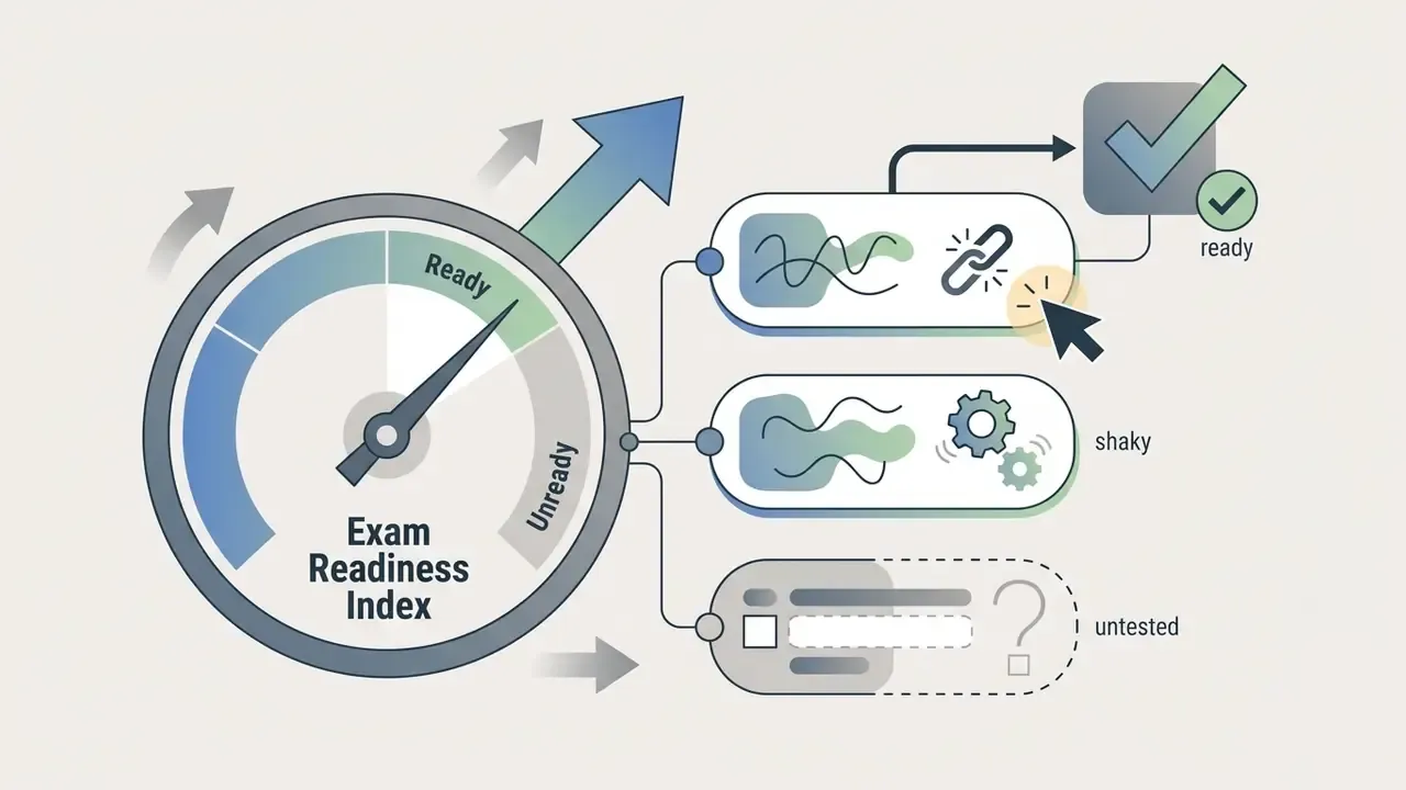 Gauge pointing to readiness levels connected to icons representing ready shaky and untested topics