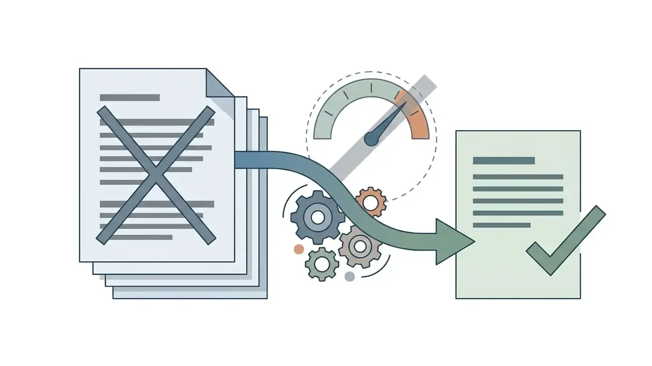 Document with a large X being processed through gears and a gauge into a finalized checklist
