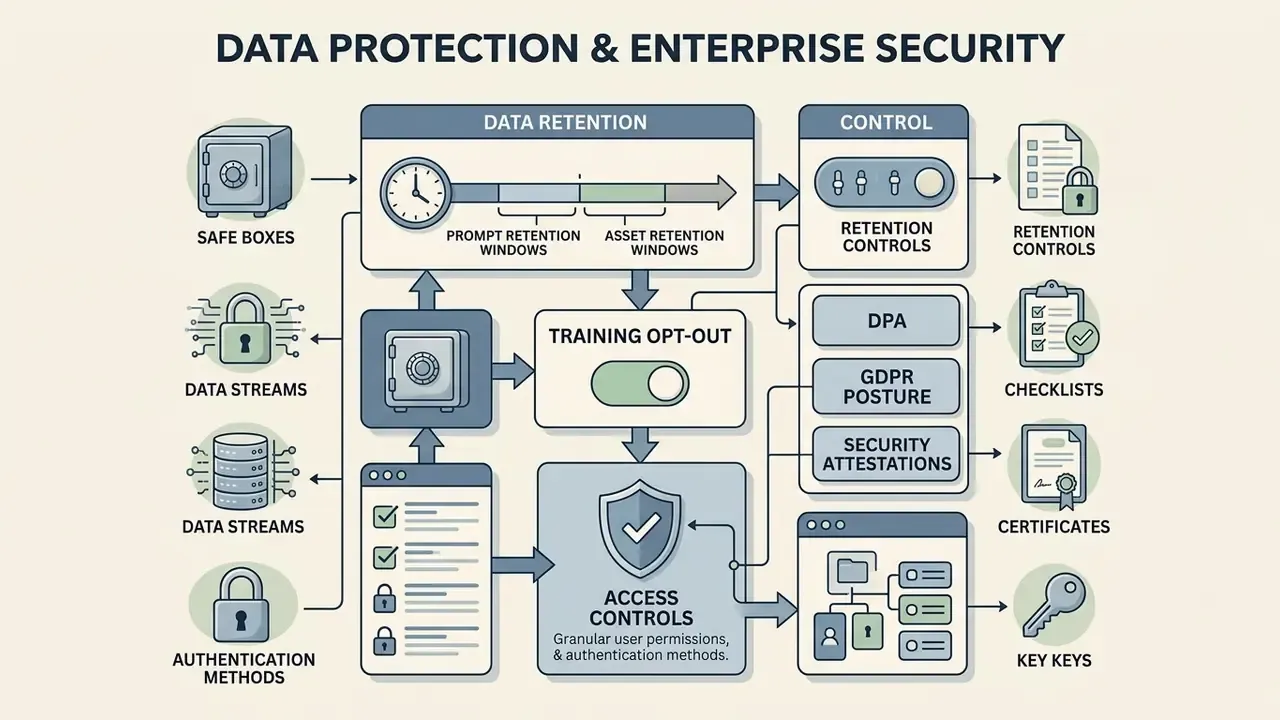 Diagram detailing enterprise data retention, training opt-out, compliance, and access control mechanisms
