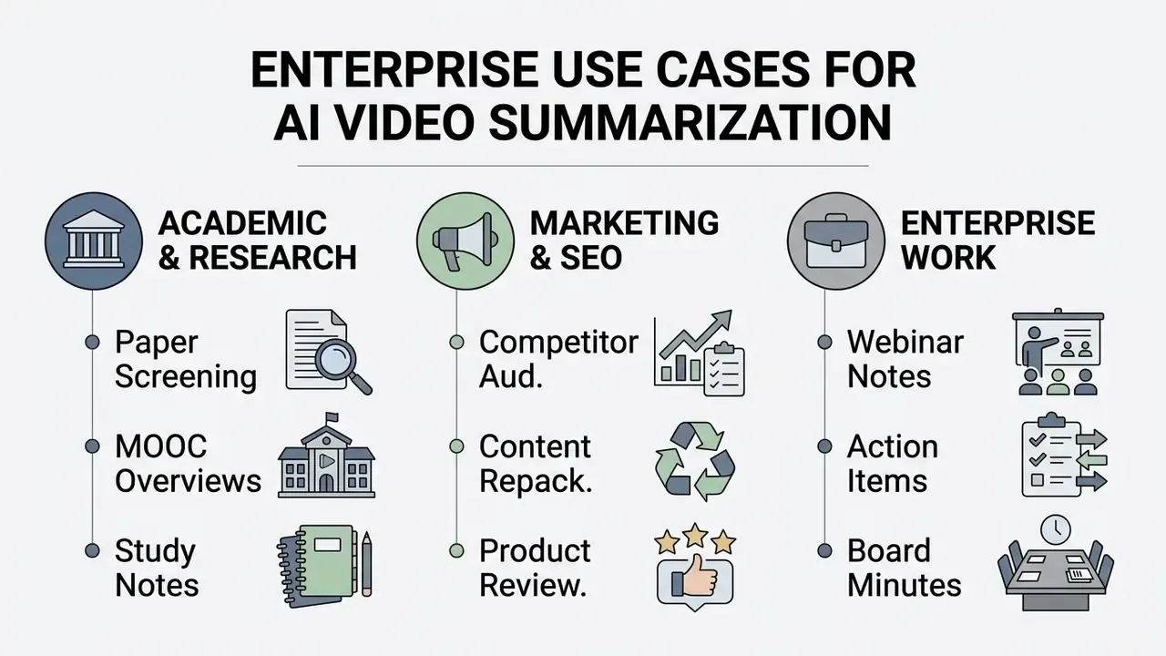 Categorized list of professional applications for automated video content analysis and summarization