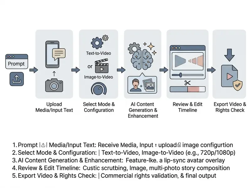 Linear process diagram showing five stages from initial prompt and media upload to final video export