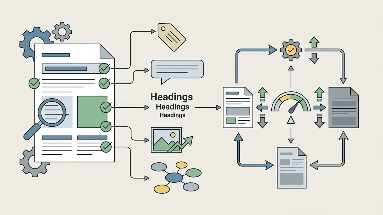 Web page elements being audited and analyzed for optimization against performance metrics