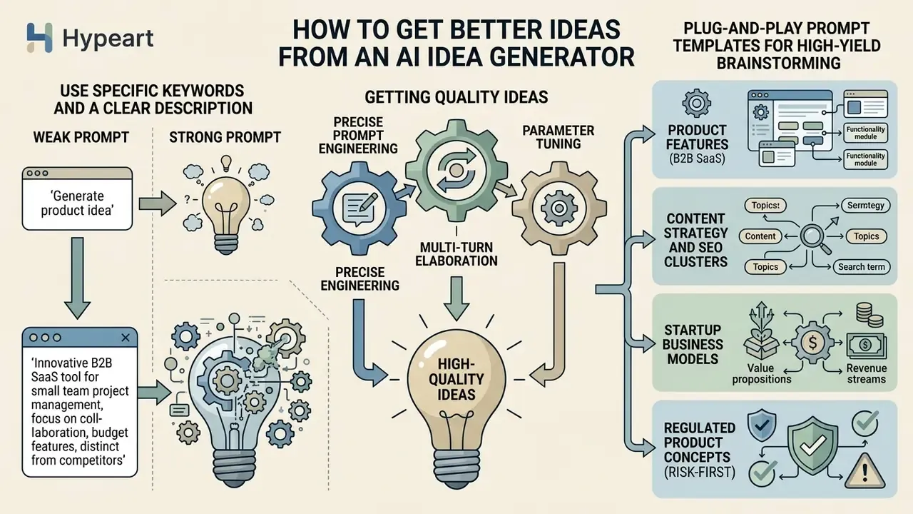Infographic comparing prompt quality and showing how structured inputs lead to diverse business outcomes