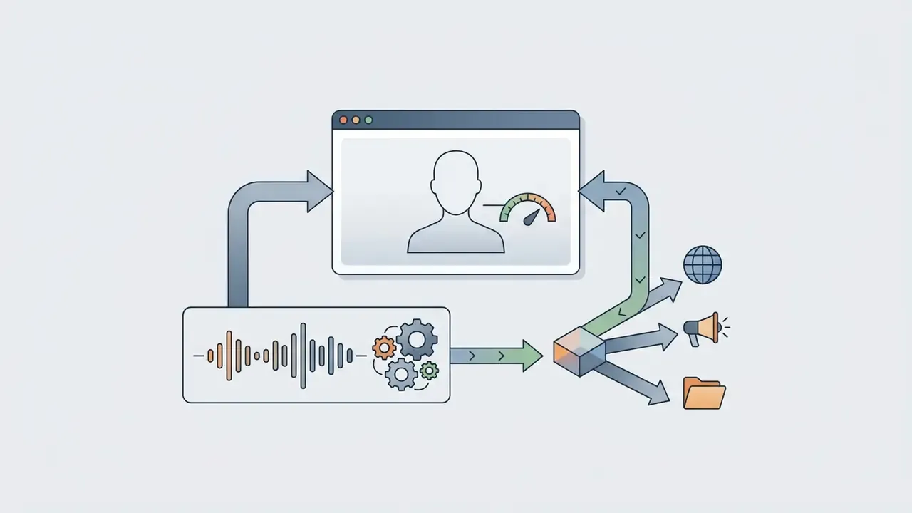 Audio waveform and gears feeding into an AI avatar generator that routes output to various media channels