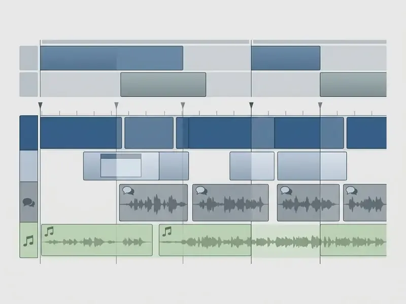 Multi-track video editor timeline displaying layered video clips, screen overlays, narration, and background music