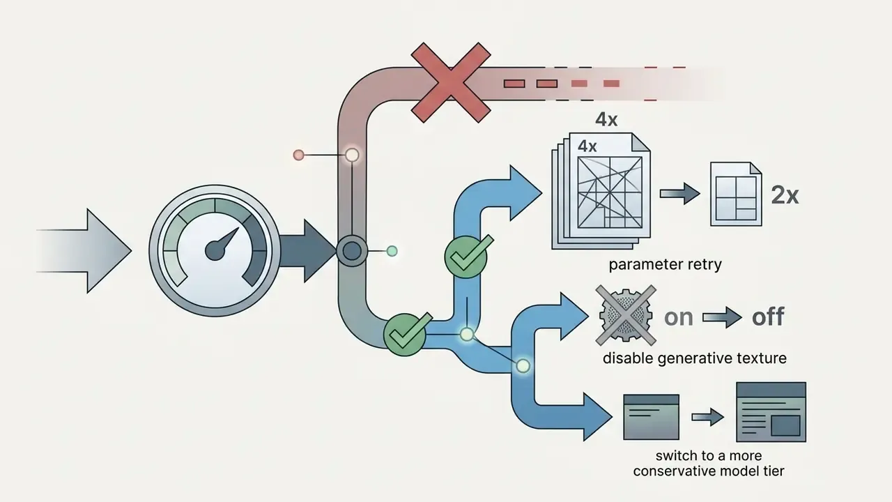 System path showing parameter retry options like reducing scale factor or disabling generative texture