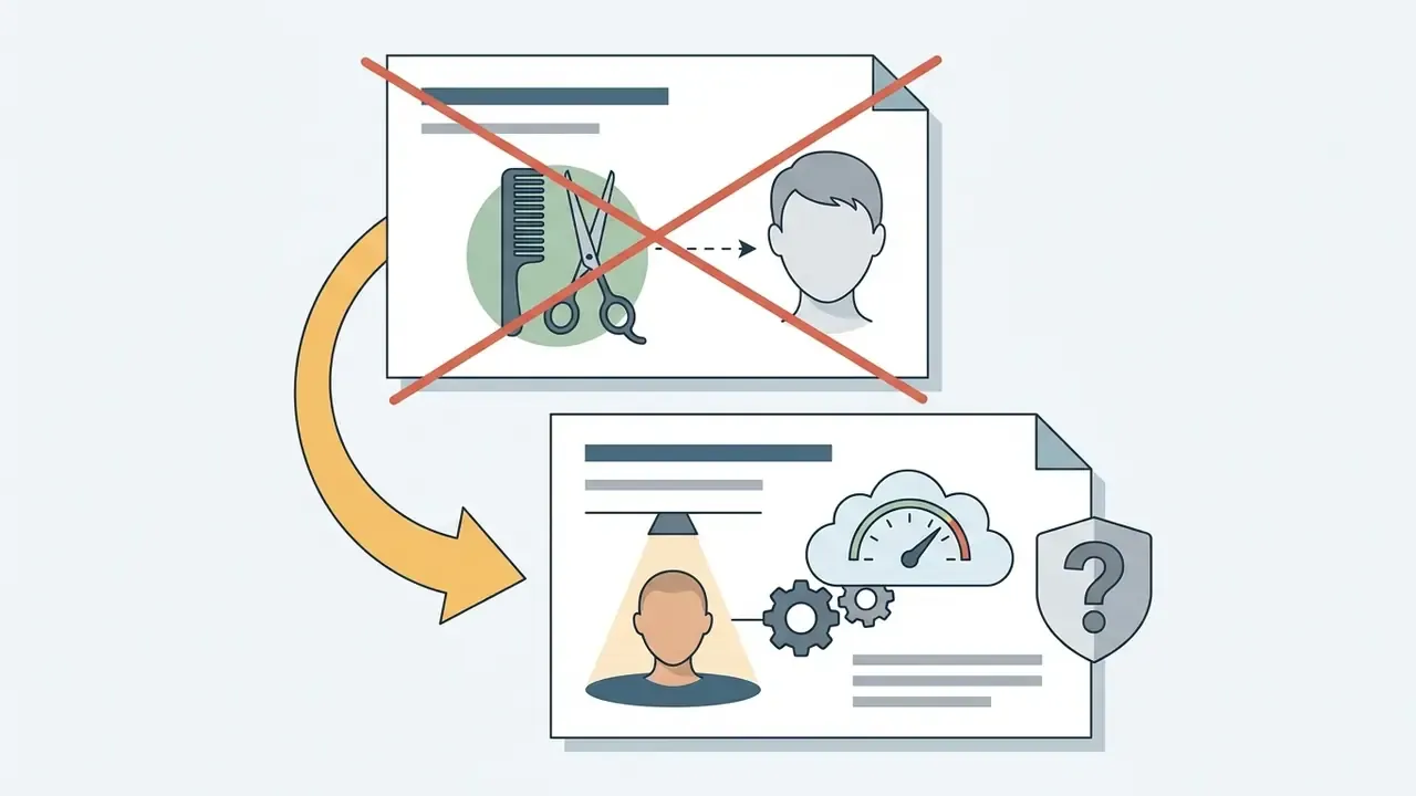 Document with a crossed out haircut icon pointing to a document with a bald head and processing symbols