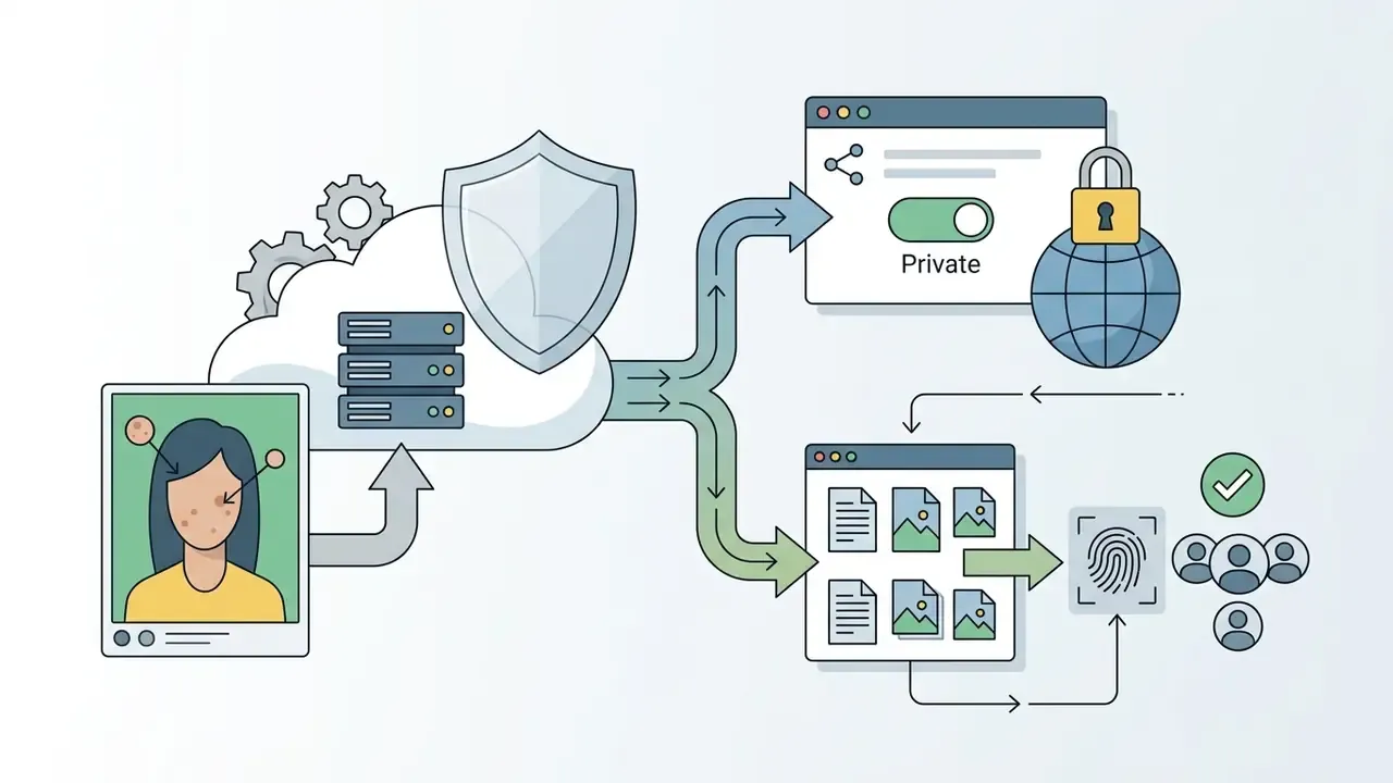 Cloud server processing portrait photos with private sharing toggles and authenticated team access