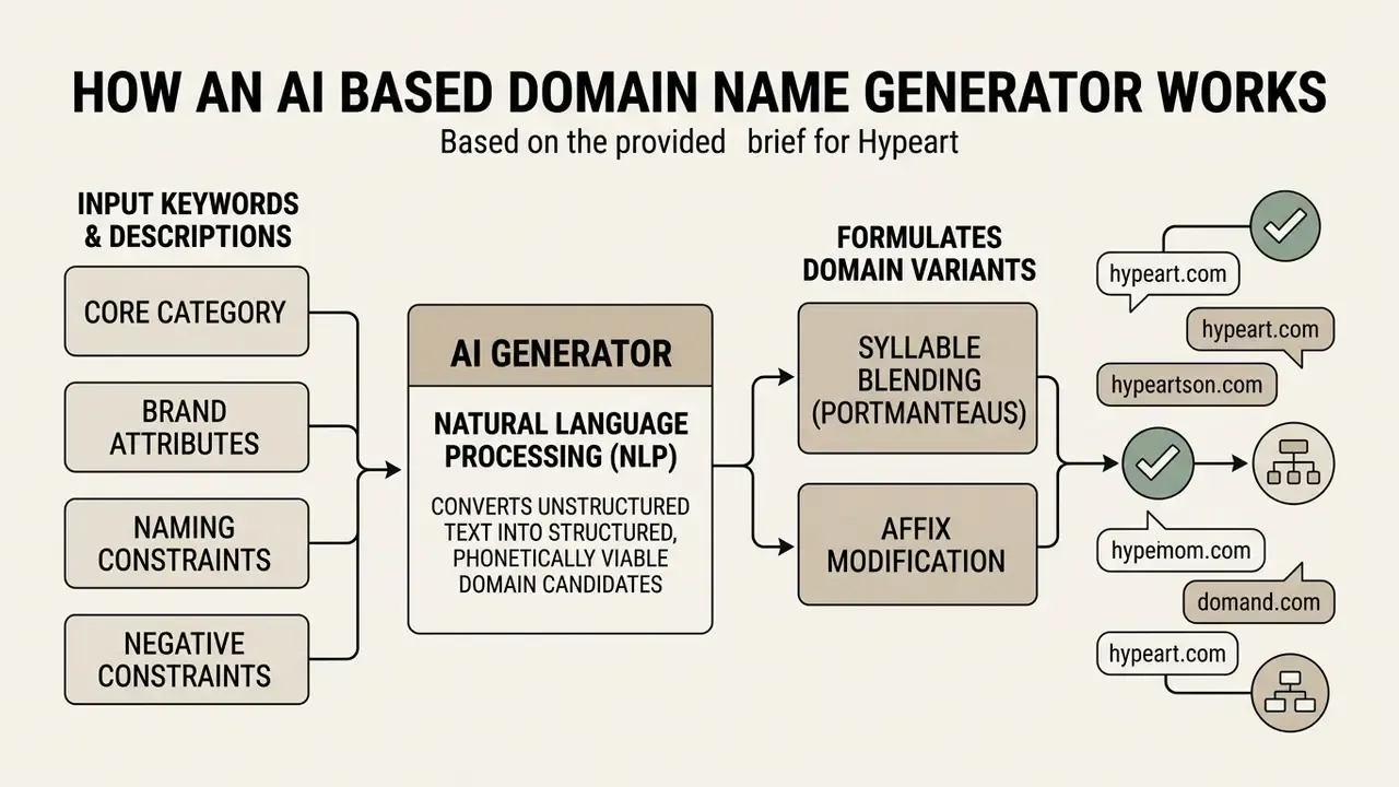 Diagram showing how NLP processes keywords into structured domain name variants through syllable blending