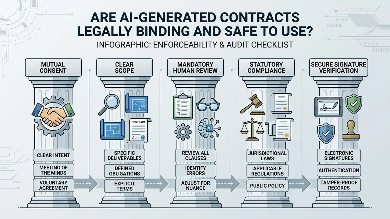 Five pillars representing mutual consent, scope, human review, compliance, and signature verification