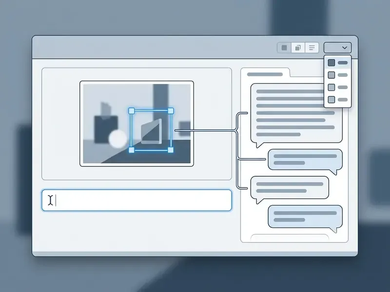 Digital interface showing an image upload area with bounding box selection and linked text chat responses