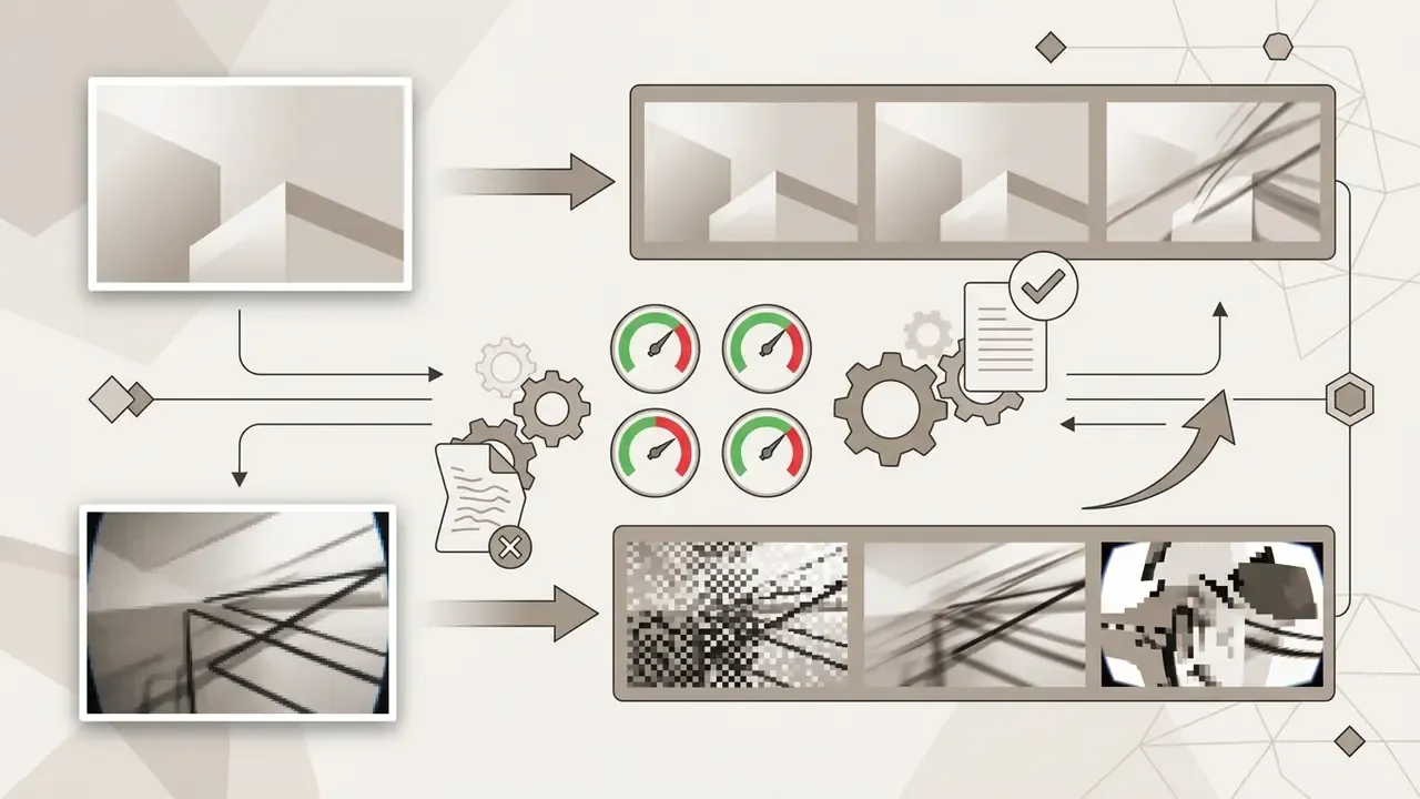 Clean and distorted images processed through technical gauges and gears into output video sequences