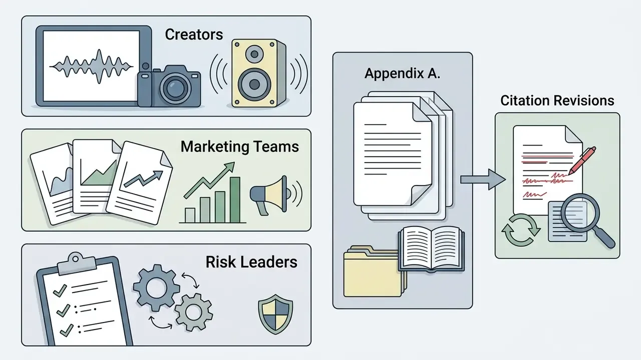 Icons for creators, marketing teams, and risk leaders pointing to document folders and citation revisions