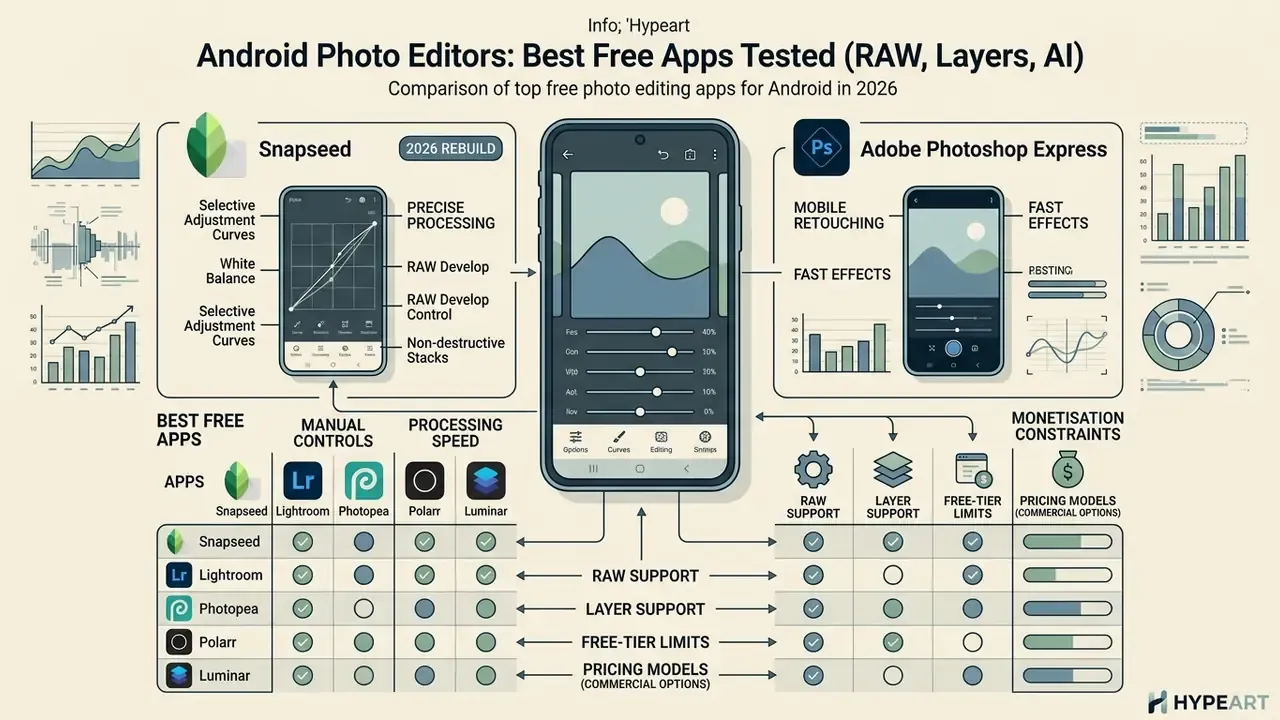 Comparison chart detailing features and monetization models for popular Android photo editor applications