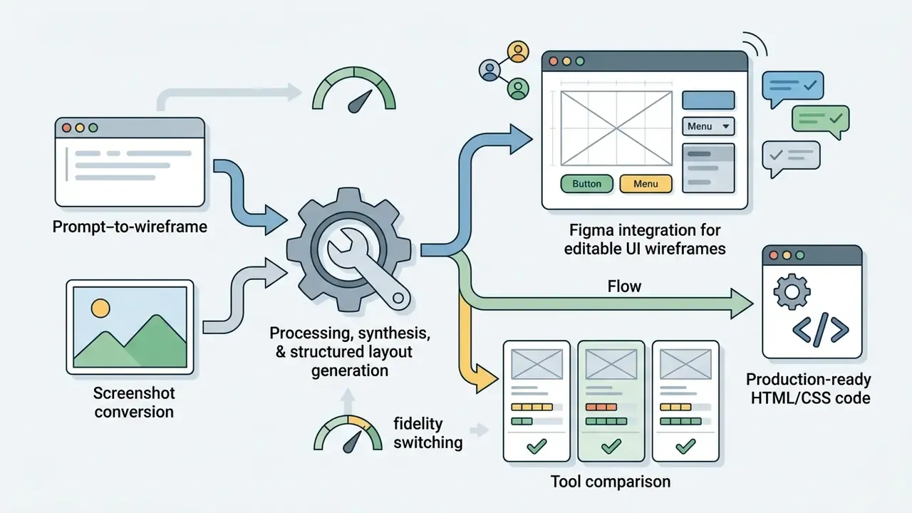 Inputs from prompts and screenshots feeding into a central gear to generate UI layouts and HTML/CSS code