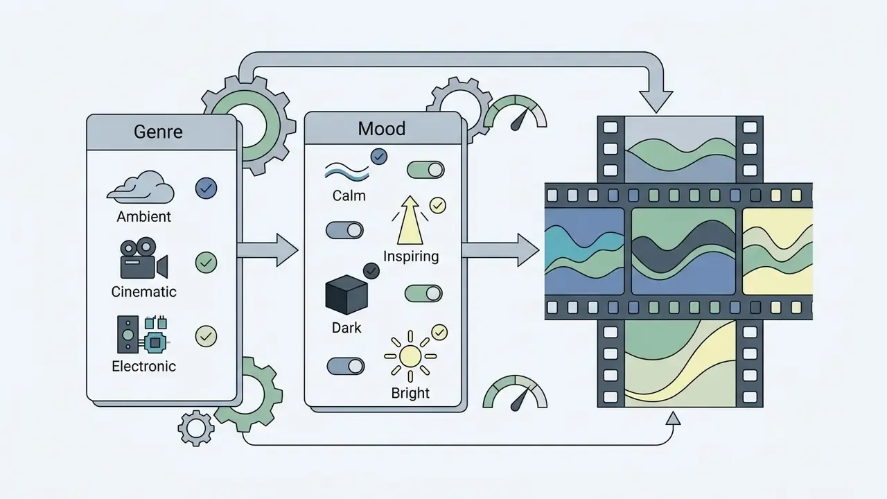 Menu panels for selecting audio genre and mood to apply to video clips in a media editing workflow