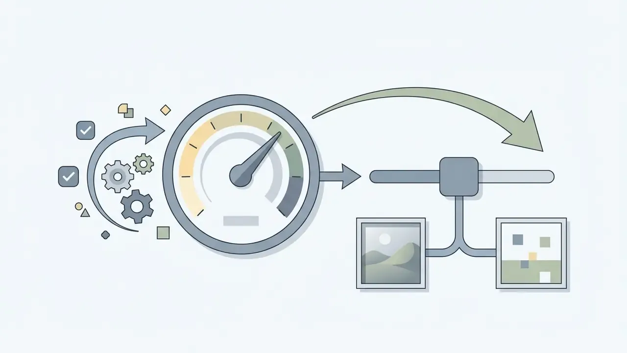 Speedometer gauge with gears and checkmarks pointing to a slider that adjusts between two image styles