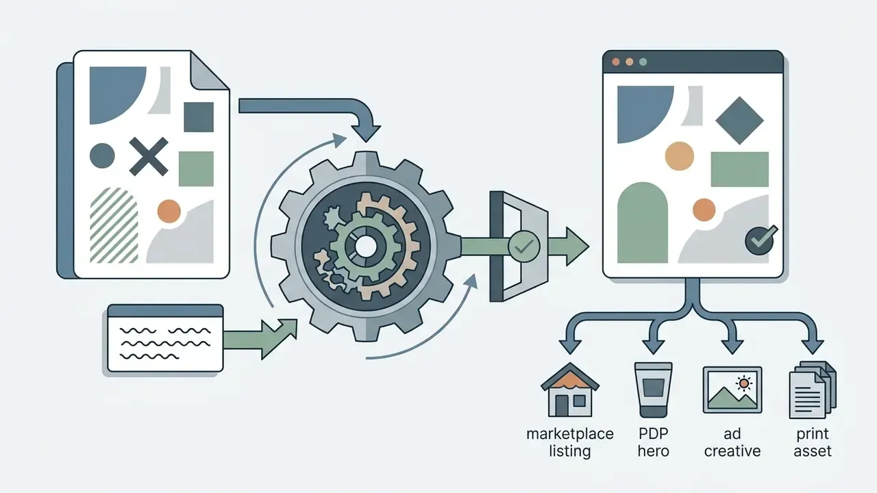 Document and text input feeding into a central gear mechanism that outputs assets for various media formats