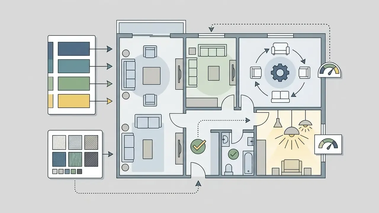 Floor plan showing color palettes and material textures being applied to rooms with furniture layouts