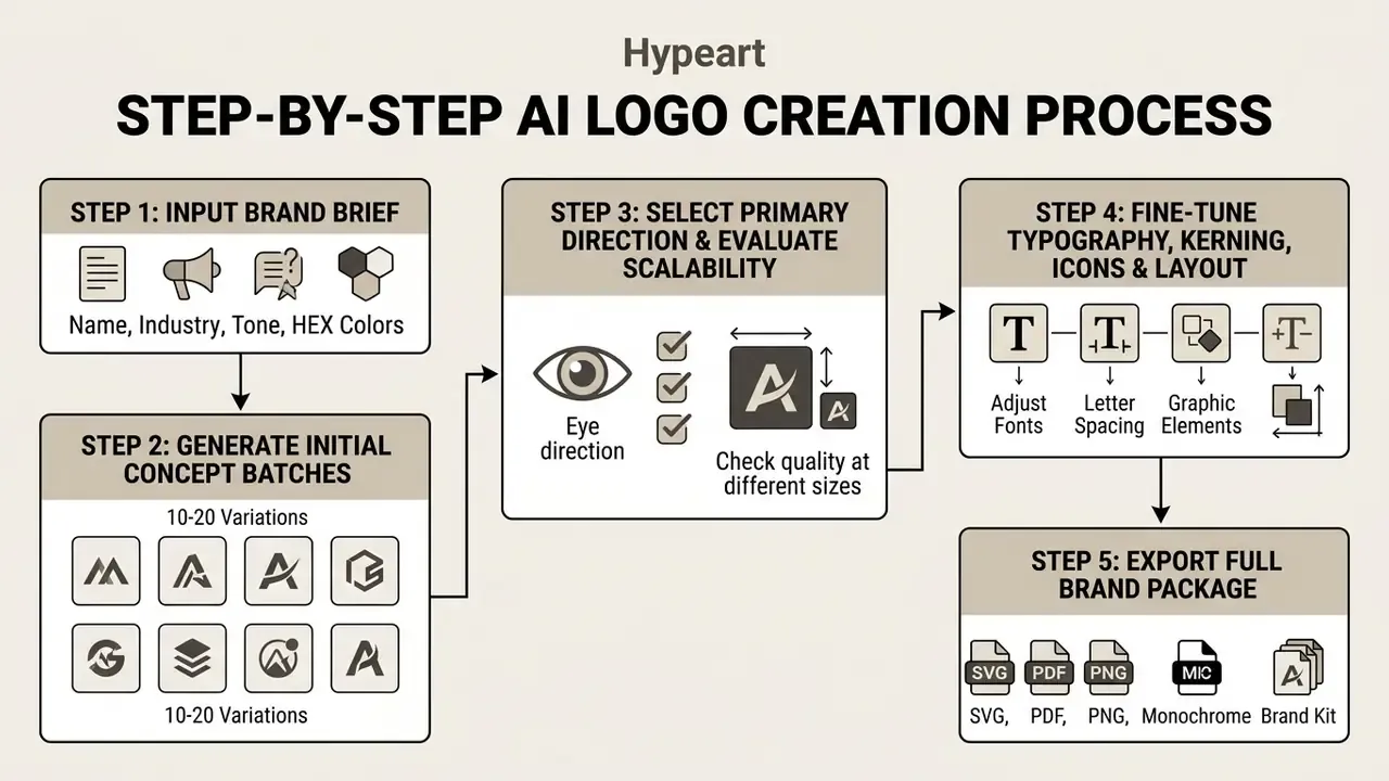 Linear flowchart detailing the five stages of an AI logo design workflow from brief to final file export