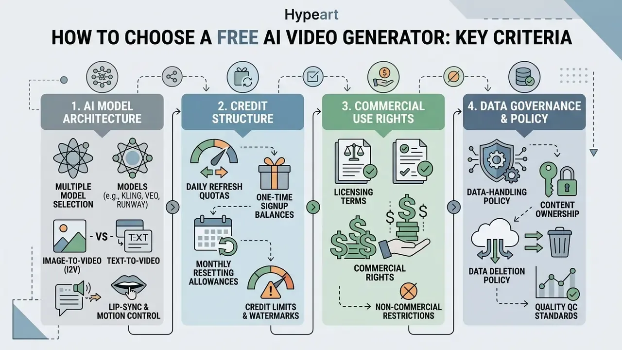 Four-step infographic detailing criteria for selecting AI video tools including models and credit systems