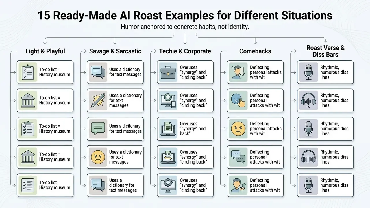 Categorized table showing fifteen distinct examples of humorous insults based on specific habits