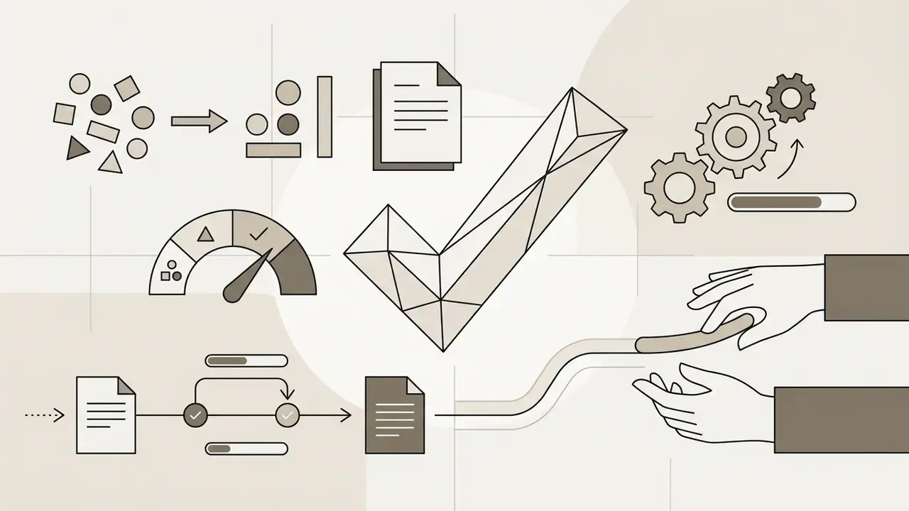 Collection of icons representing data processing, workflow management, and manual content creation