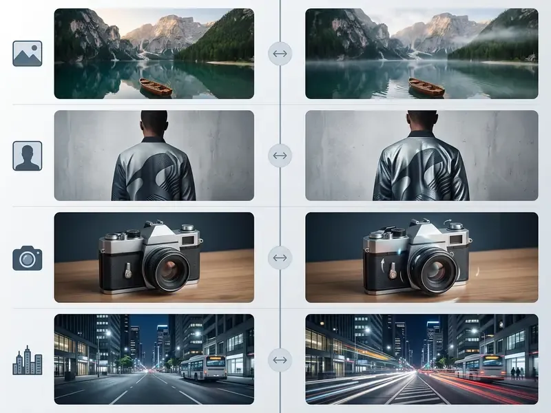 Comparison slider showing four static source images next to their animated versions with motion effects