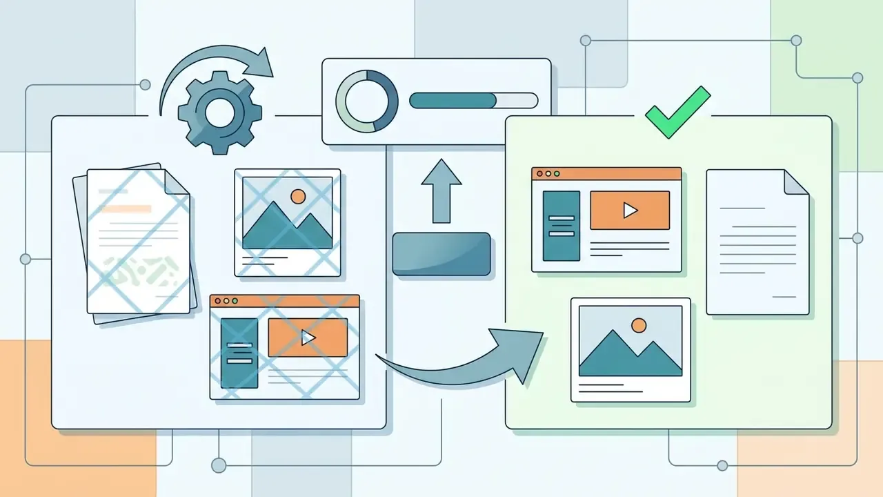 Watermarked assets being processed through a system to create clean presentation slides and documents