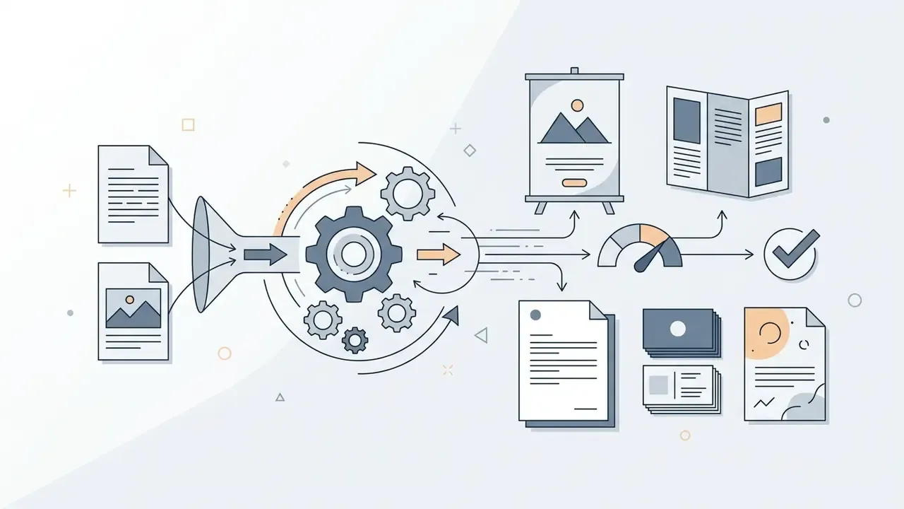 Documents and images funnel into a central gear system to produce various print layouts and a status check