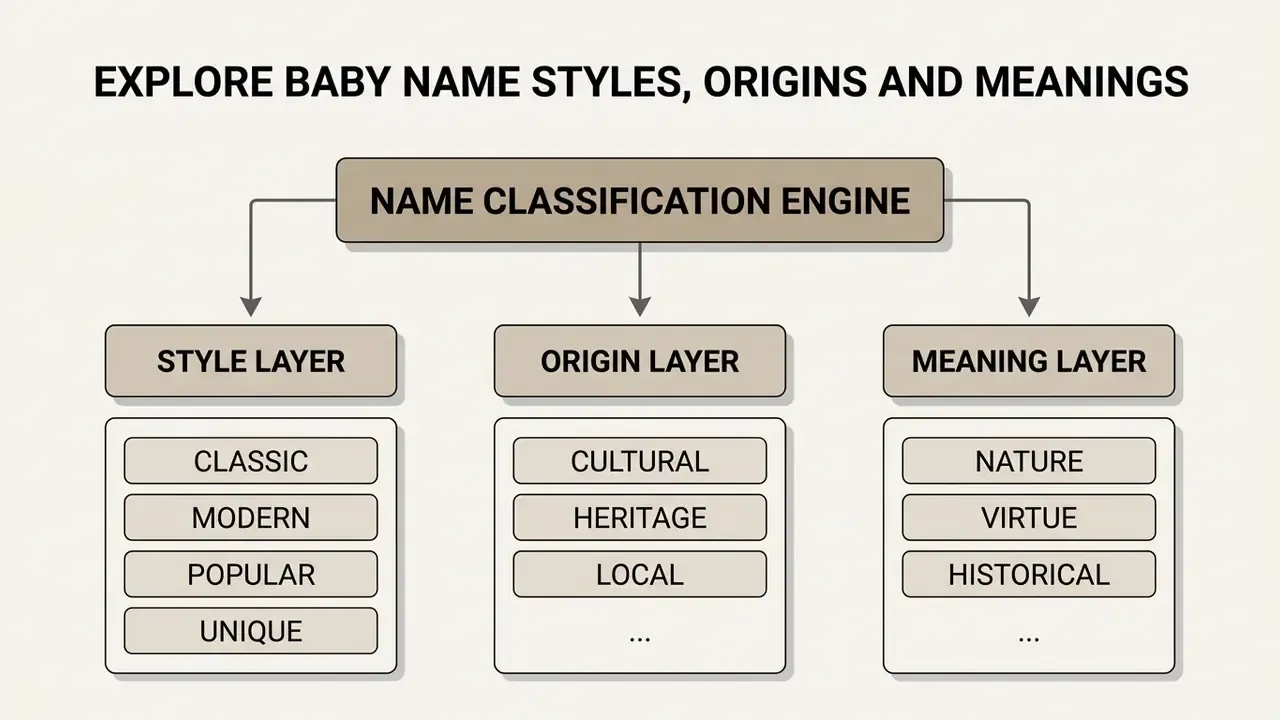 Hierarchical diagram showing how a name classification engine filters options by style, origin, and meaning