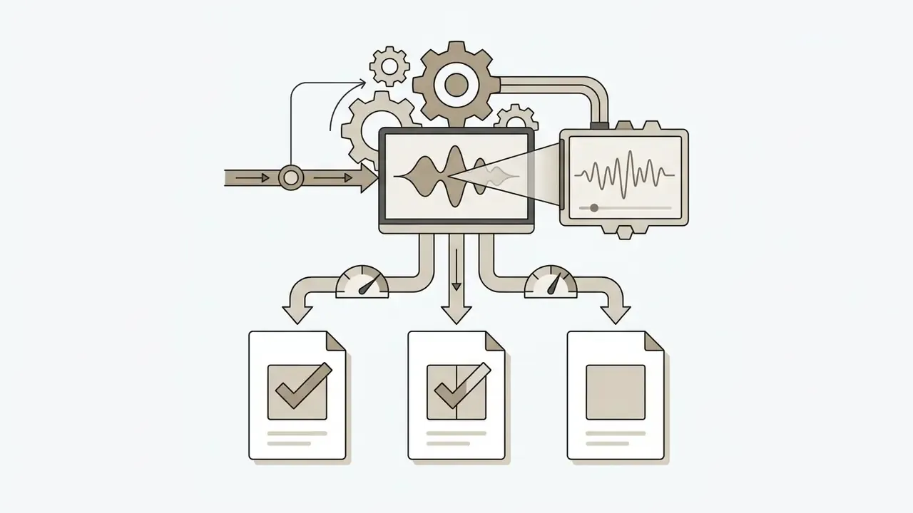 Audio waveform processing through gears leading to three documents with varying checkmark status