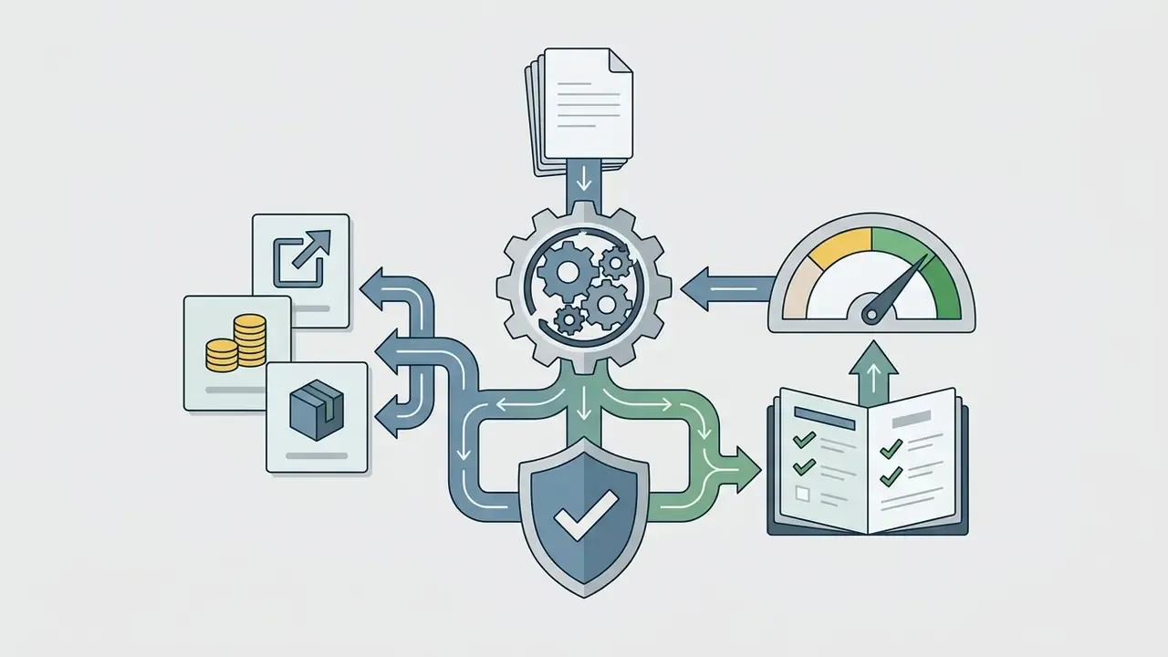 Central gear mechanism connecting documents, financial icons, a gauge, and a checklist shield