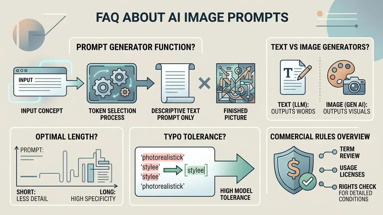 Diagram explaining prompt generation, model typo tolerance, and differences between text and image tools