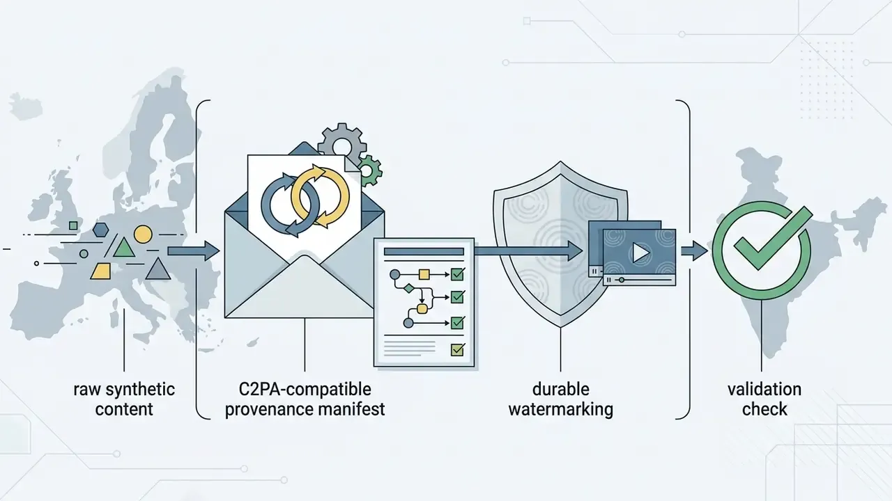 Diagram showing the process of creating C2PA provenance manifests and watermarking for synthetic content