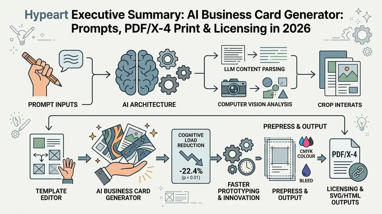 Infographic showing the workflow from text prompts and AI processing to final PDF business card output