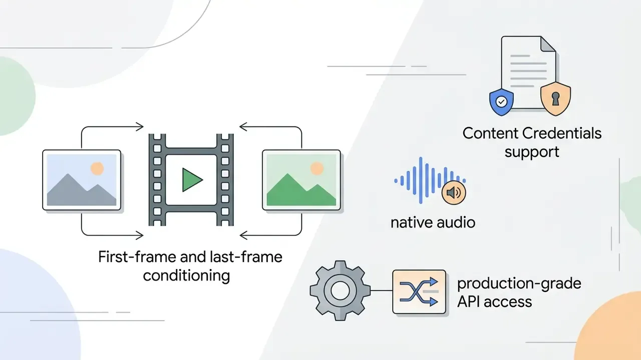 Two images framing a video strip with icons for audio, content credentials, and API access