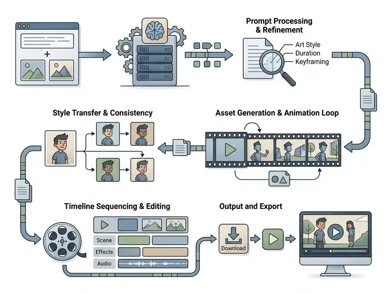 Process map detailing the stages of animated content creation from prompt refinement to final video export