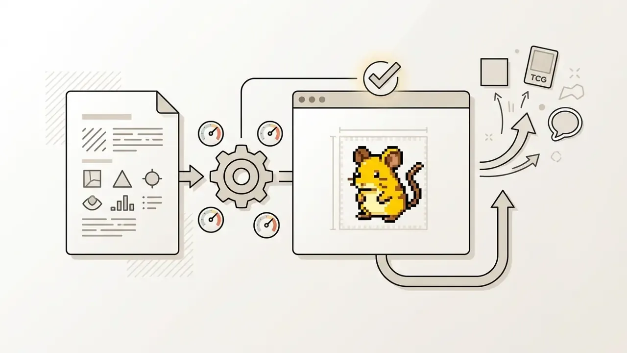 Document data flowing through a central processing hub to generate a pixel art rodent sprite