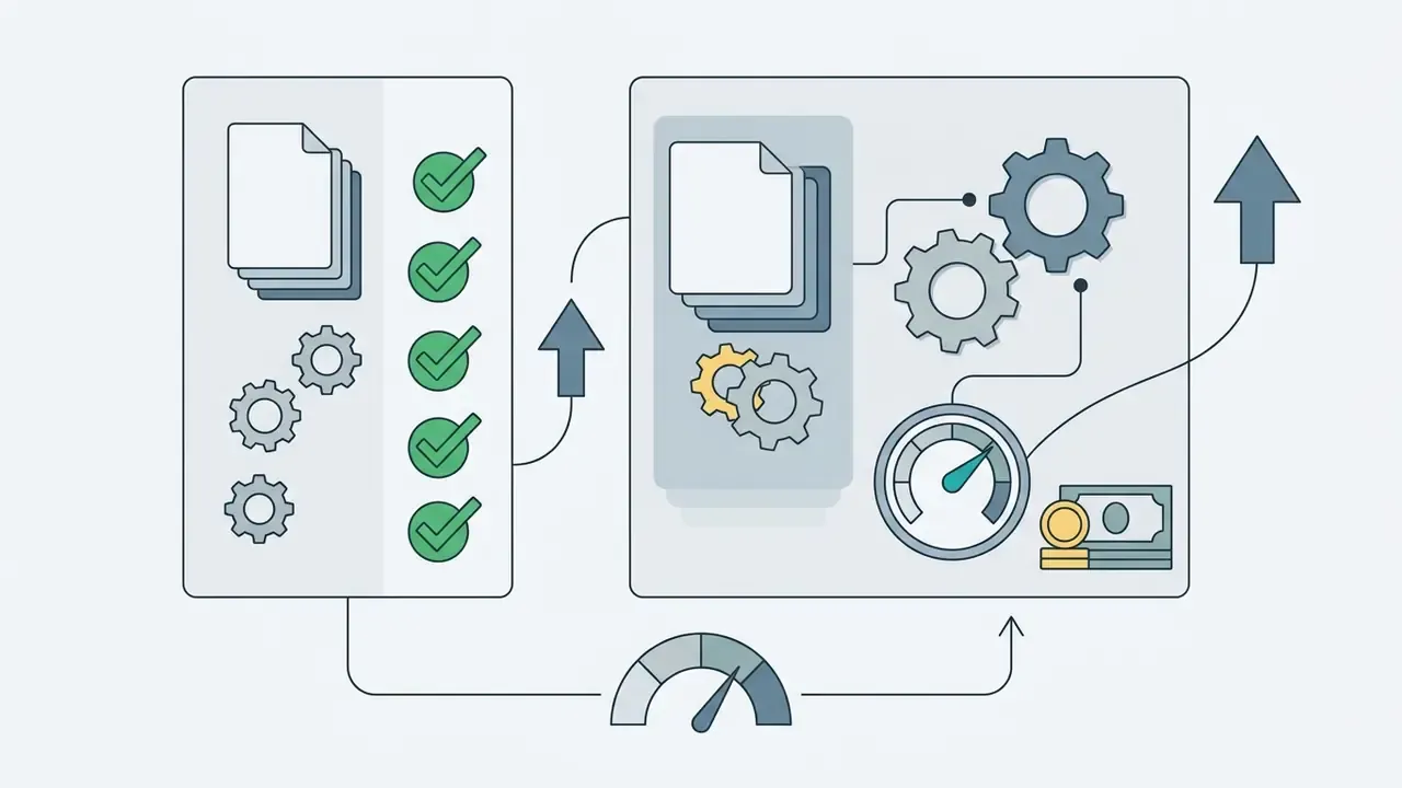 Two panels showing file processing with checklists, gears, speed gauges, and financial symbols