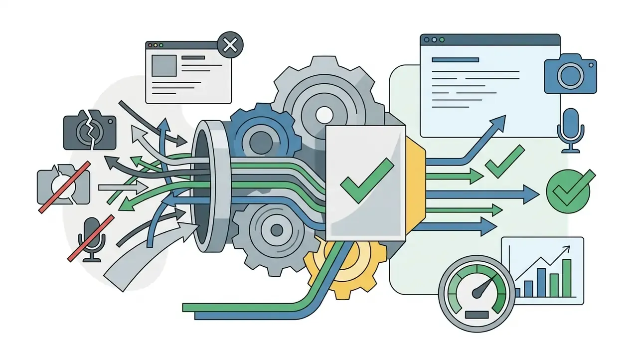 Gears processing media inputs into filtered outputs with checkmarks and performance metrics