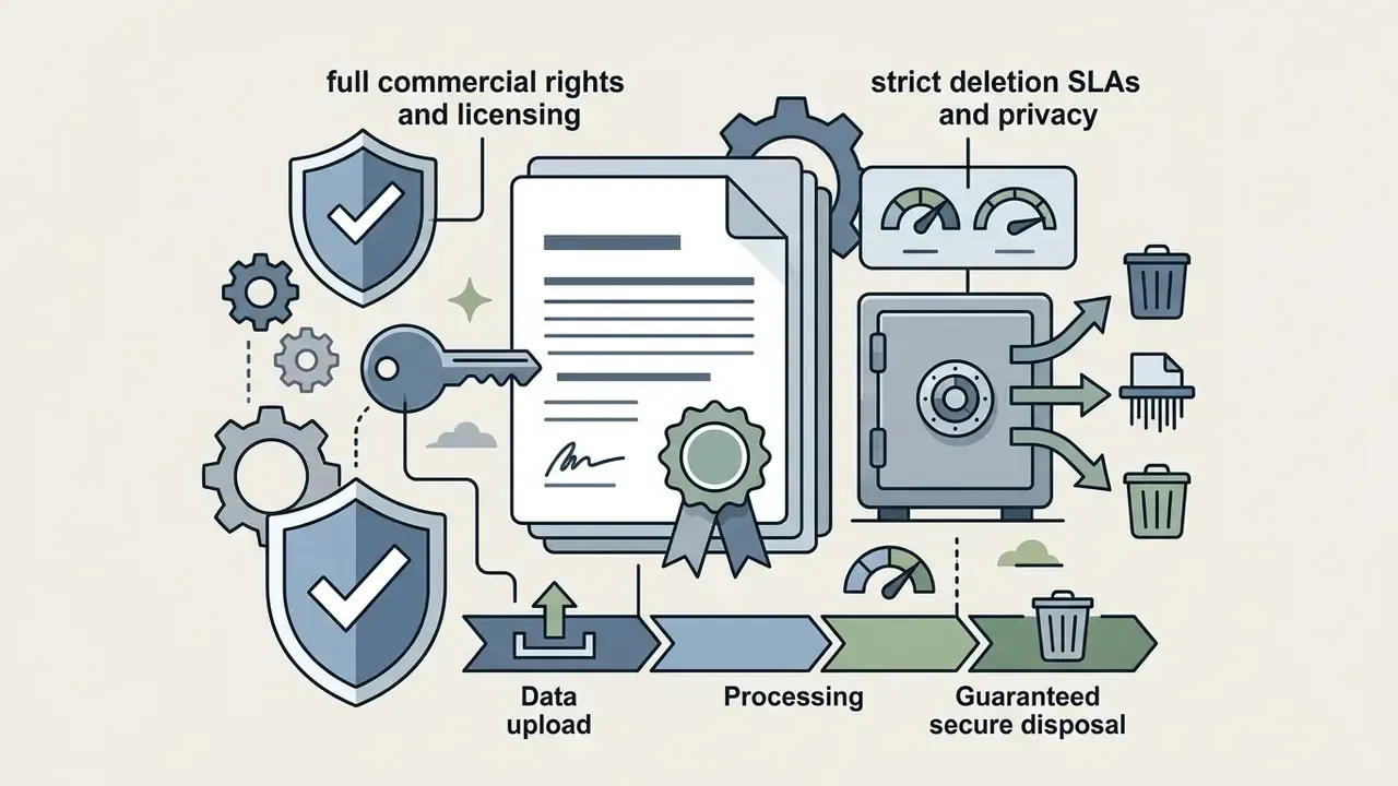 Document with a seal and shields connected to a safe and trash icons representing data privacy and disposal