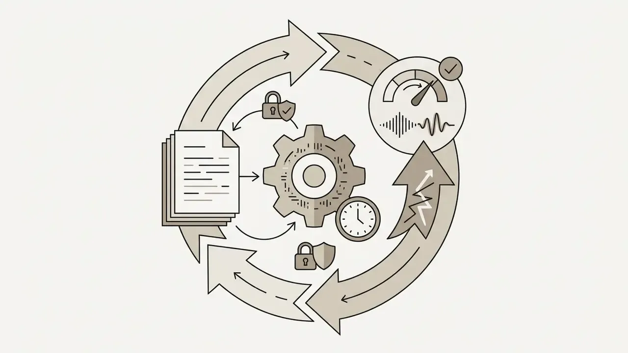 Circular diagram showing a continuous loop of document processing, security checks, and performance testing