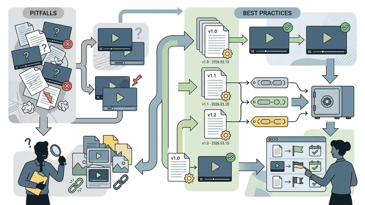Process flow contrasting disorganized video script management with structured version control practices