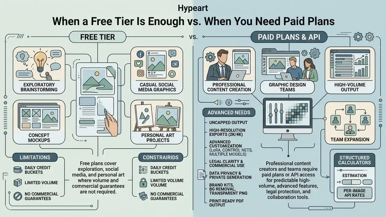 Comparison chart showing use cases for free AI image generator tiers versus paid plans and API access