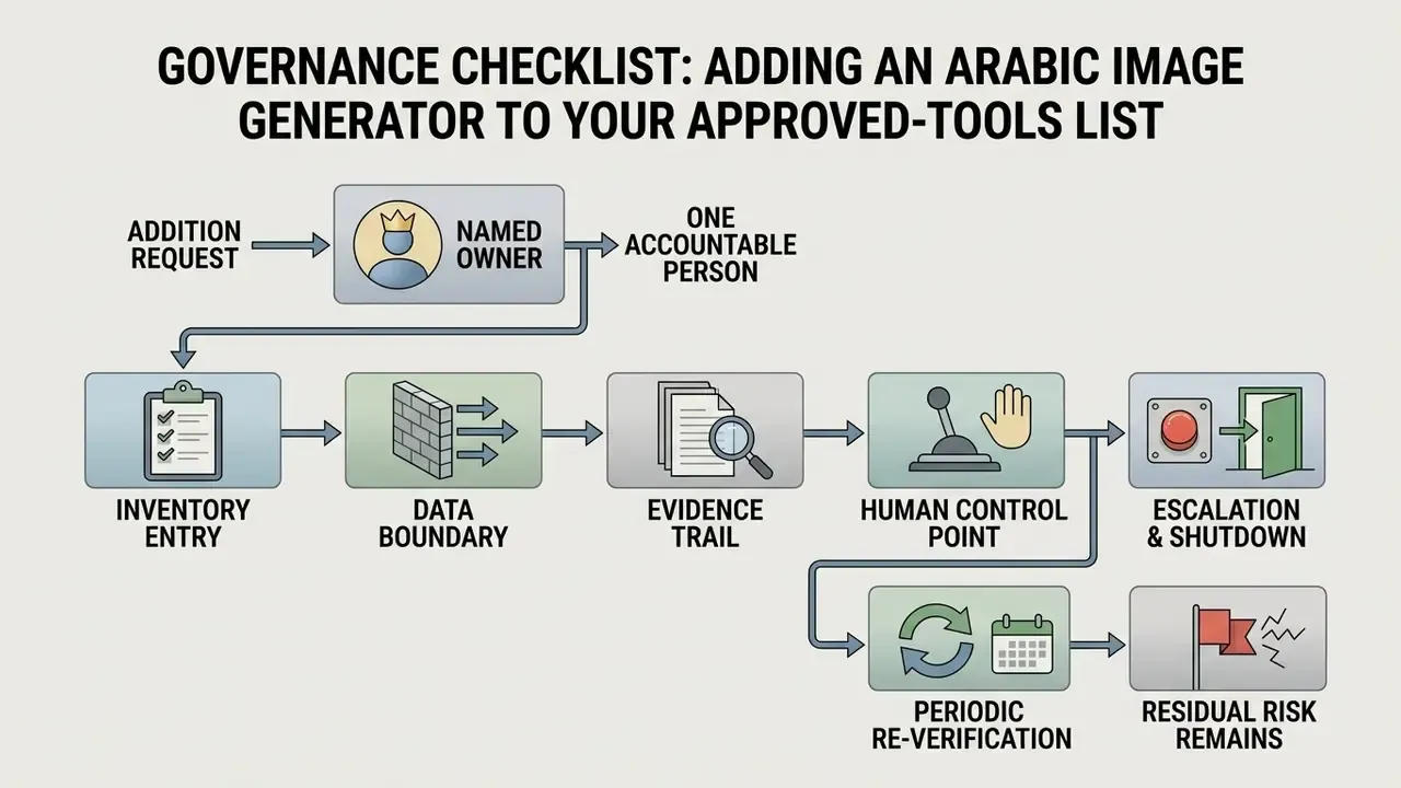 Flowchart outlining governance steps for adopting an AI image generator with accountability and risk controls