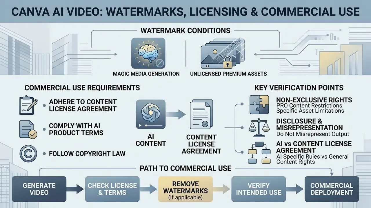 Infographic detailing watermark conditions, commercial requirements, and legal verification steps for media